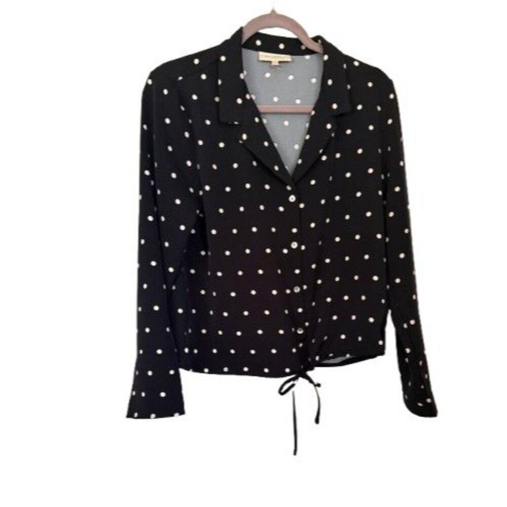 New Melloday Black and White Polka Dot Button Front Blouse Size M